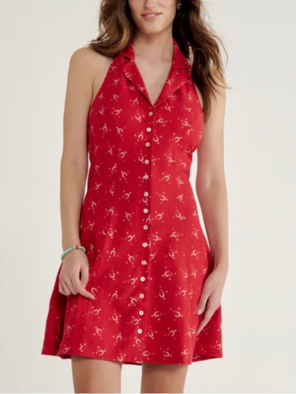 Revivals Red Collared Halter Cowboy Spur Print Button-Front Mini Dress